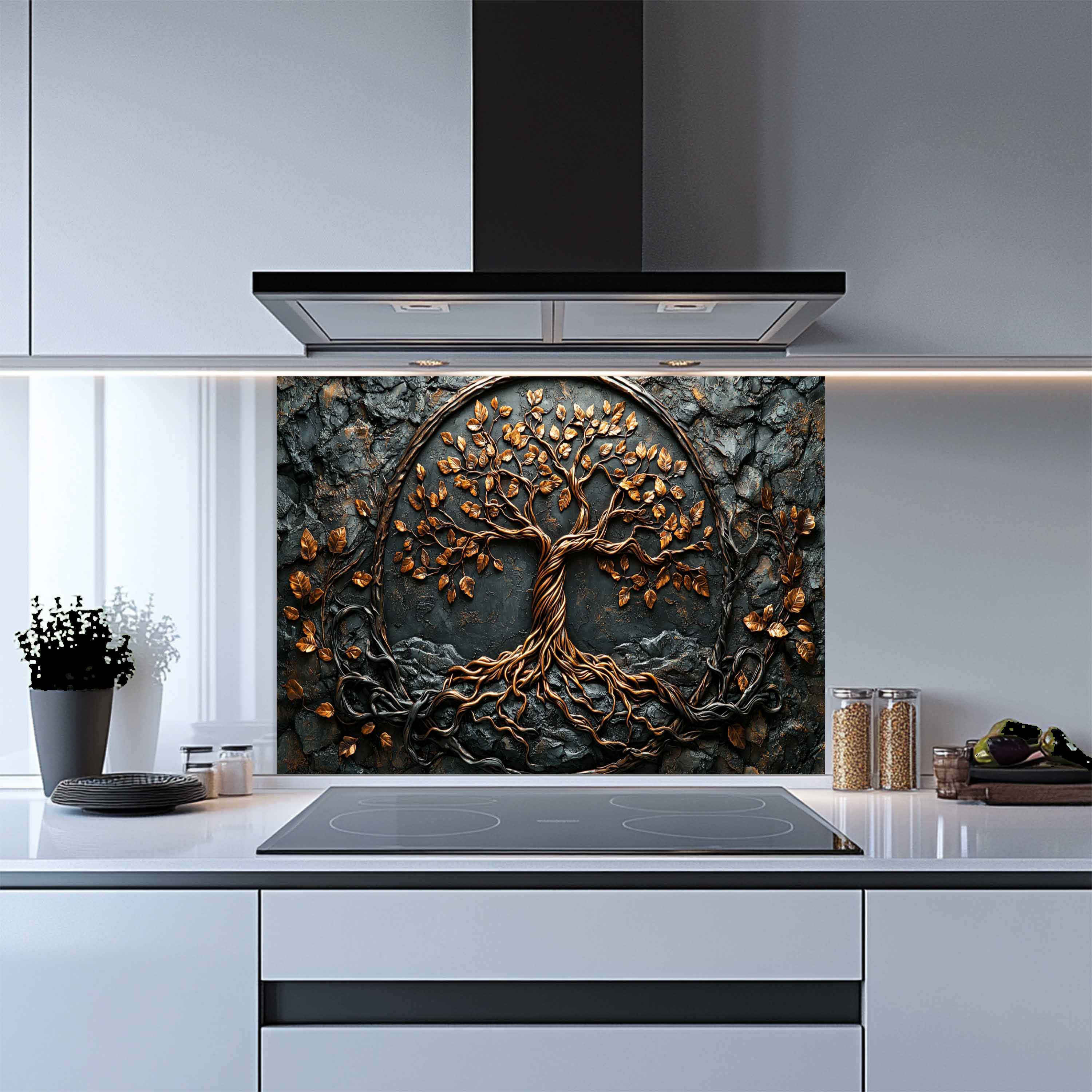 Tree with Roots Kitchen Backsplash – Tempered Glass Backsplash Behind Stove